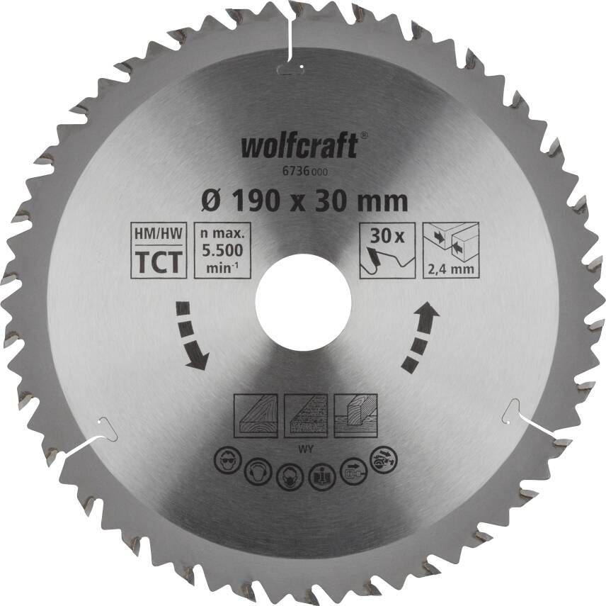 Wolfcraft HM Cirkelzaagblad | 30 td | Ø190 x 30 x 2 4mm | 1 stuk 6736000