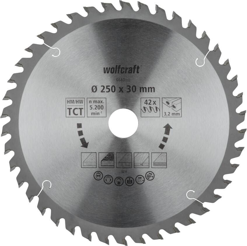 Wolfcraft HM Cirkelzaagblad | 42 td | Ø250 x 30 x 3 2mm | 1 stuk 6680000