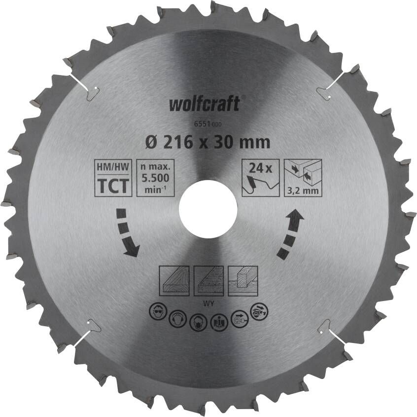 Wolfcraft Kap- en verstekzaagblad | HM | 24 Zähne | Ø216mm | 1 stuk 6551000