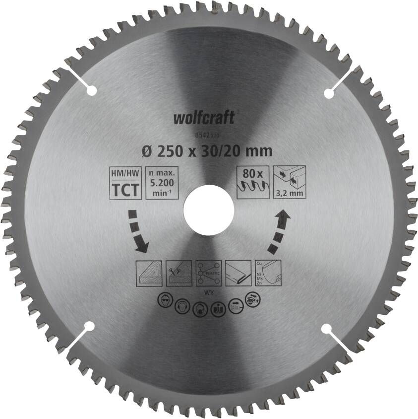 Wolfcraft Kap- en verstekzaagblad | HM | 80 Zähne | Ø250mm | 1 stuk 6542000