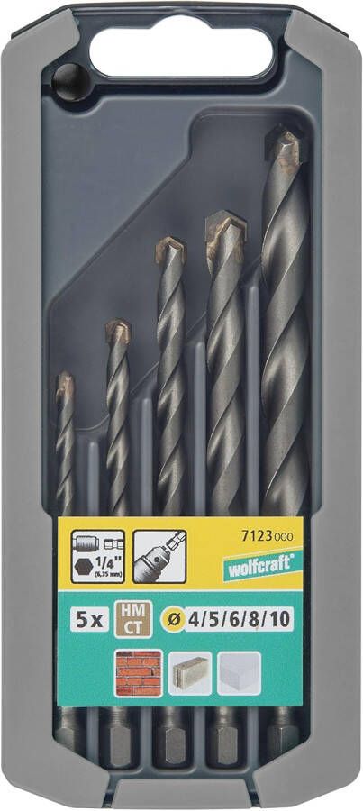 Wolfcraft Steenboorset | Hardmetaal-voorzien | Zeskantschacht | Ø4-10mm | 5-delig | 1 set 7123000